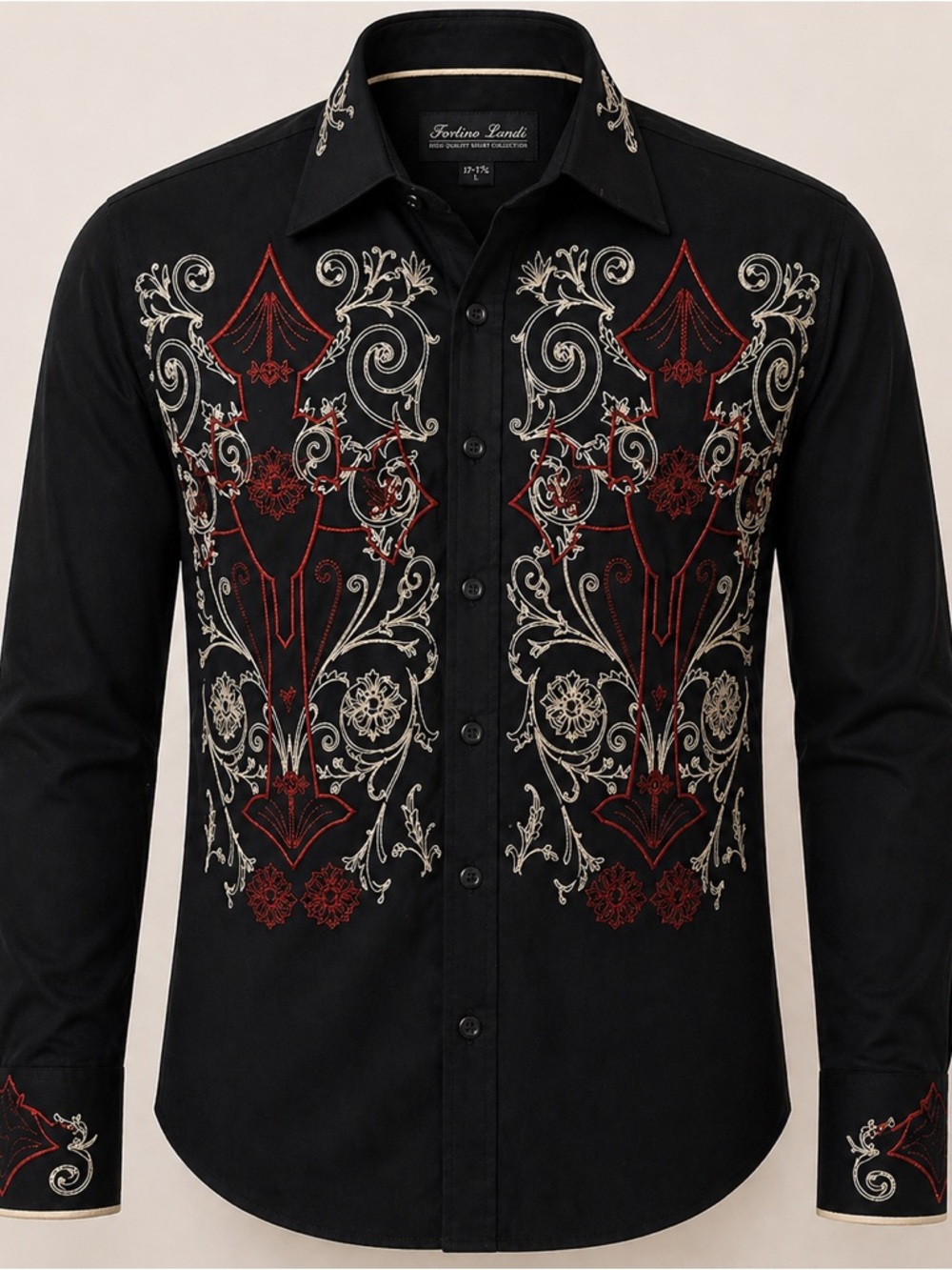 Black Embroidered Western Dress Shirt with Red & Cream Accents